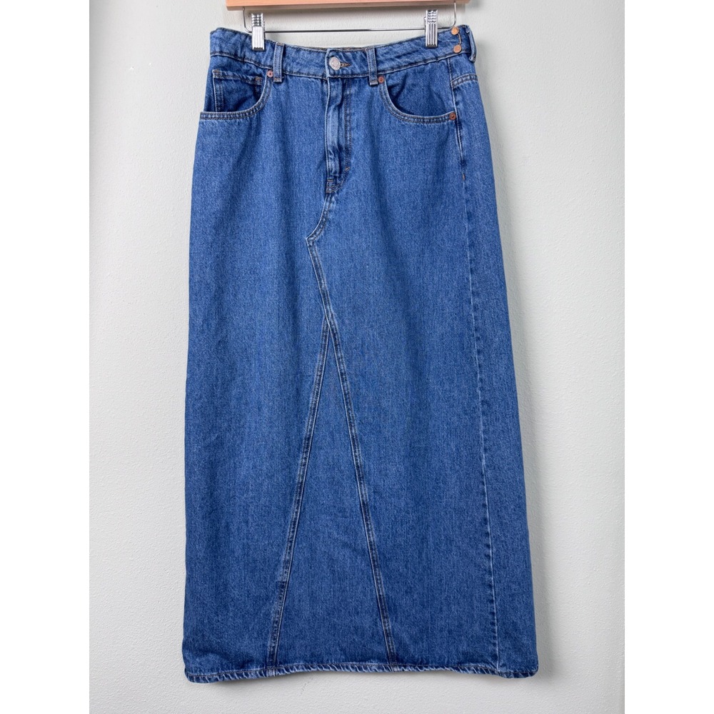 MNG Mango Denim Maxi Skirt Medium Wash High Waisted Back Slit Size M Western Y2K